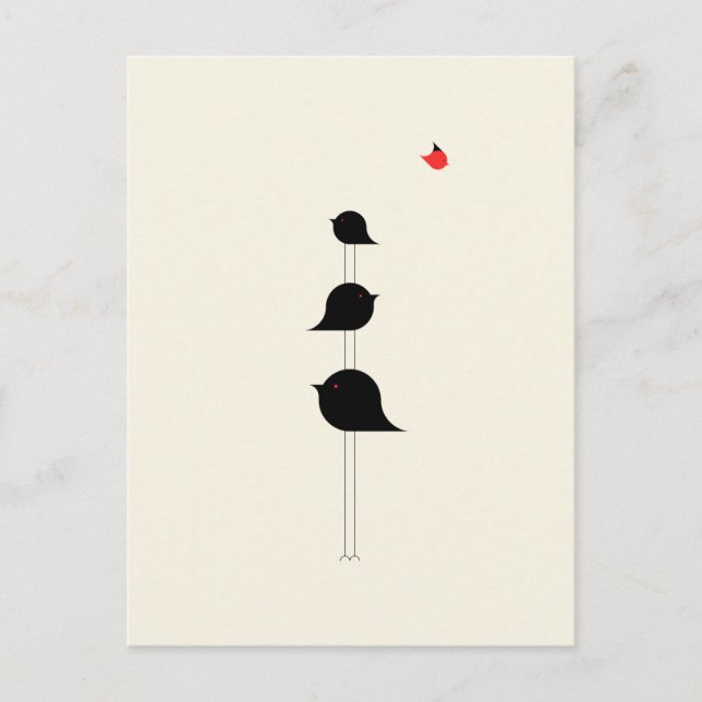 Cute Minimalistic Birds Black Red Drawing Postcard (Front)