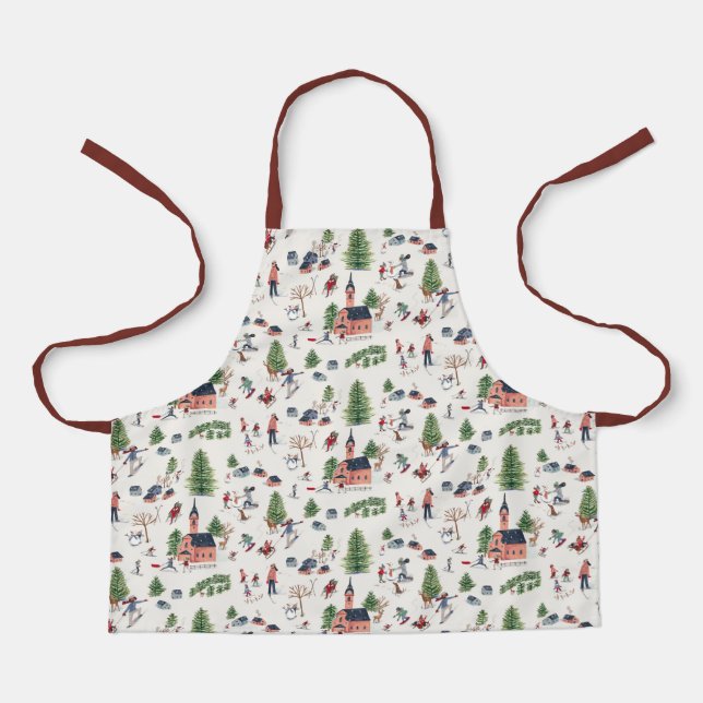 Cute Minimalistic Nordic Village Christmas Pattern Apron (Front)