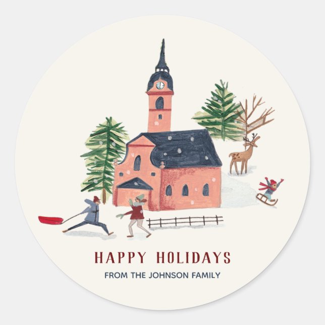 Cute Minimalistic Nordic Winter Village Christmas Classic Round Sticker (Front)