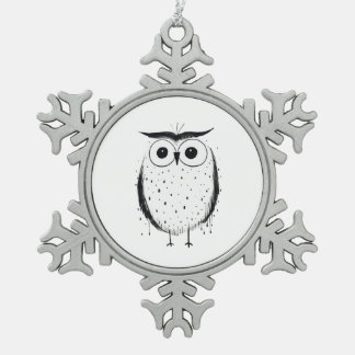 Cute Minimalistic Owl - Hand Drawn Style - Black  Snowflake Pewter Christmas Ornament