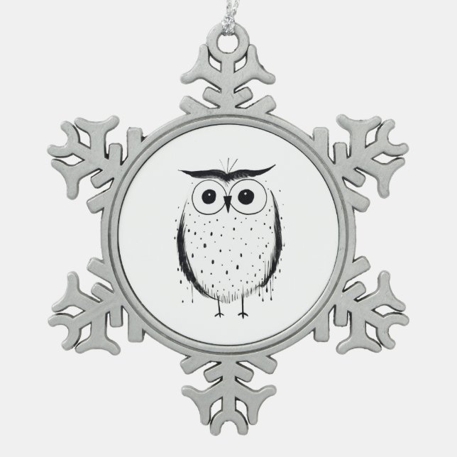 Cute Minimalistic Owl - Hand Drawn Style - Black  Snowflake Pewter Christmas Ornament (Front)