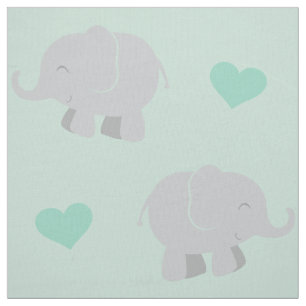 Cute Mint and Grey Elephants and Hearts Pattern Fabric