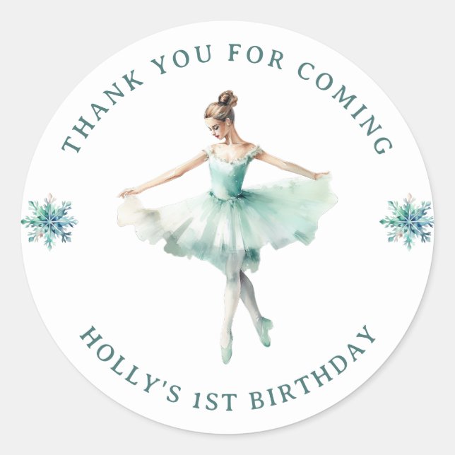 Cute Mint Ballerina 1st Birthday Thank You  Classic Round Sticker (Front)