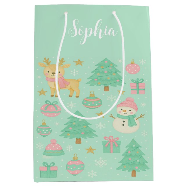 Cute Mint Christmas Deer and Snowman Medium Gift Bag (Front)