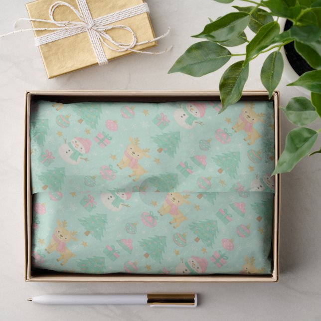 Cute Mint Christmas Deer and Snowman Tissue Paper (Gift)