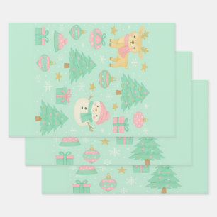 Cute Mint Christmas Deer and Snowman Wrapping Paper Sheet