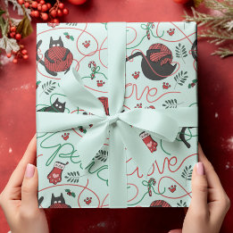Cute Mint Christmas Peace and Love Yarn Kitties Wrapping Paper