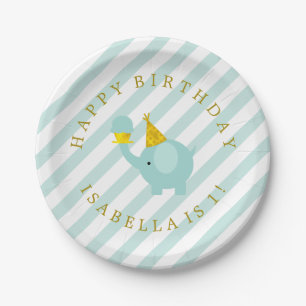 Cute Mint Elephant Personalized Birthday Party Paper Plate