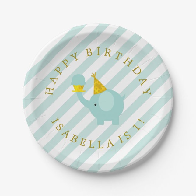 Cute Mint Elephant Personalized Birthday Party Paper Plate (Front)