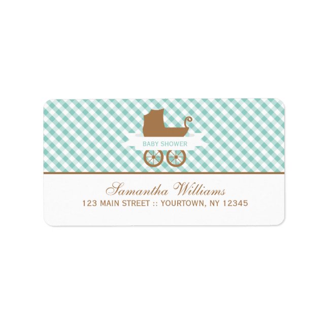 Cute Mint Gingham Pattern and Baby Carriage Label (Front)