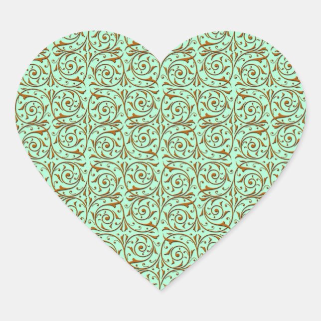 Cute Mint Green and Gold Swirly Vines Pattern Heart Sticker (Front)