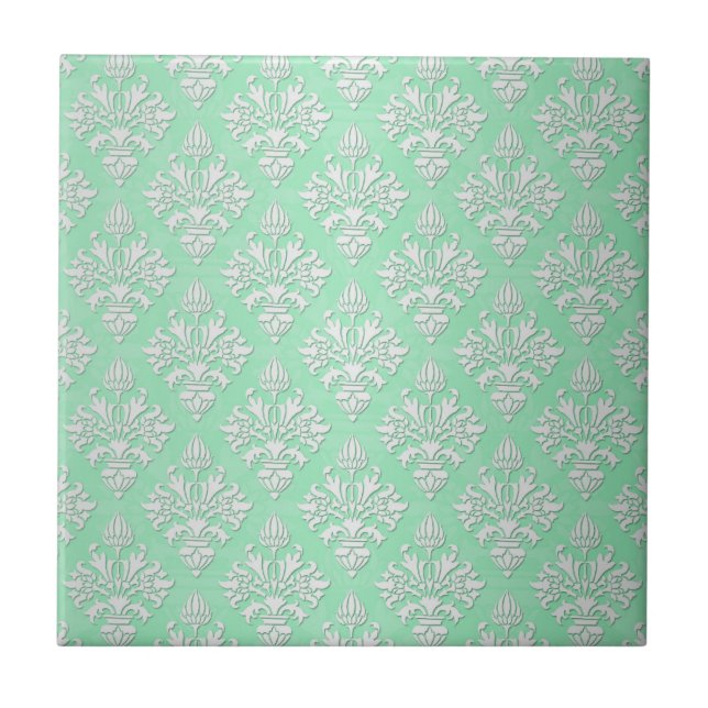 Cute Mint Green and White Floral Damask Pattern Tile (Front)