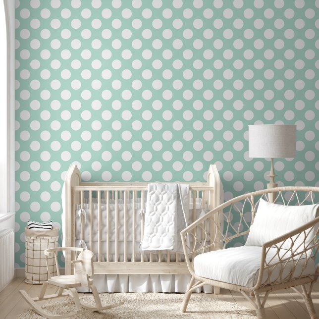 Cute Mint Green and White Polkadots Pattern Wallpaper (Kids)