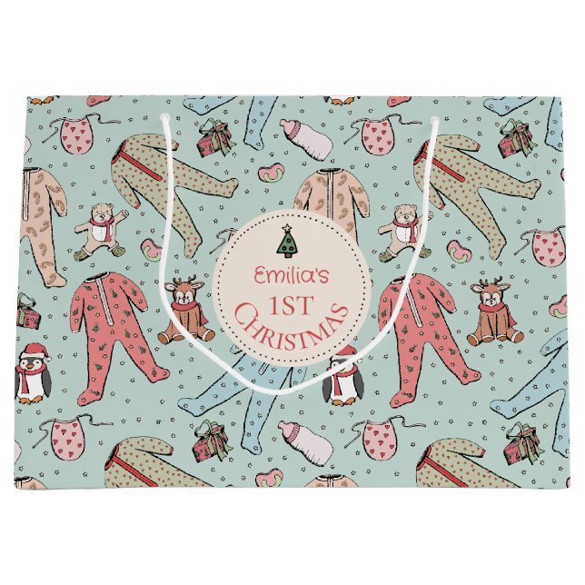 Cute Mint Green Baby's First Christmas Custom Large Gift Bag (Front)