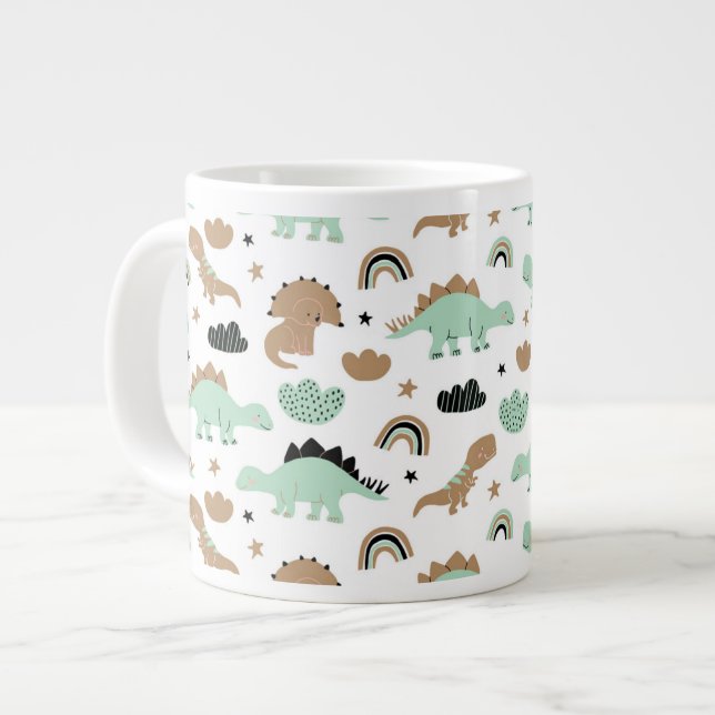 Cute Mint Green Dinosaur Pattern Large Coffee Mug (Front Left)