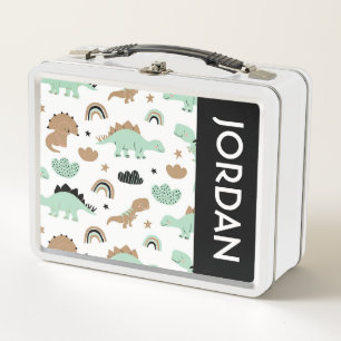 Cute Mint Green Dinosaur Pattern Metal Lunch Box