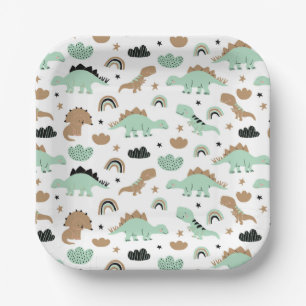 Cute Mint Green Dinosaur Pattern Paper Plate
