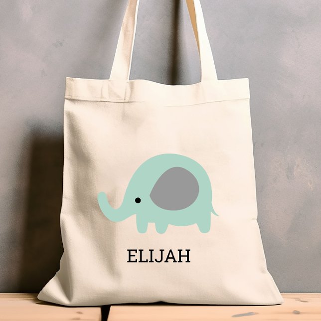 Cute Mint Green Elephant Kids' Personalized Tote Bag (Creator Uploaded)