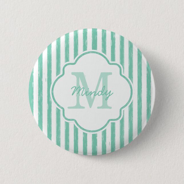Cute Mint Green Painted Stripes Monogram and Name 2 Inch Round Button (Front)