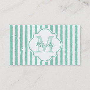 Cute Mint Green Painted Stripes Monogram and Name Business Card