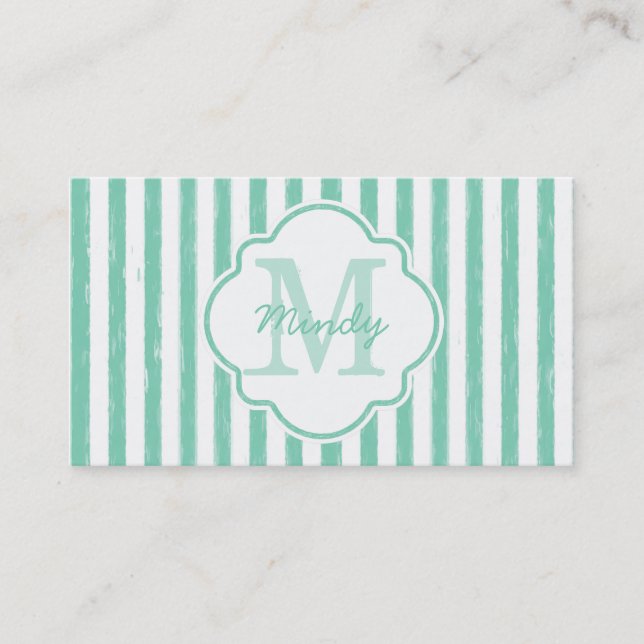 Cute Mint Green Painted Stripes Monogram and Name Business Card (Front)