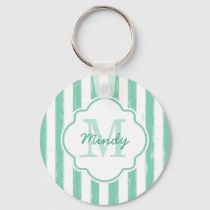 Cute Mint Green Painted Stripes Monogram and Name Keychain