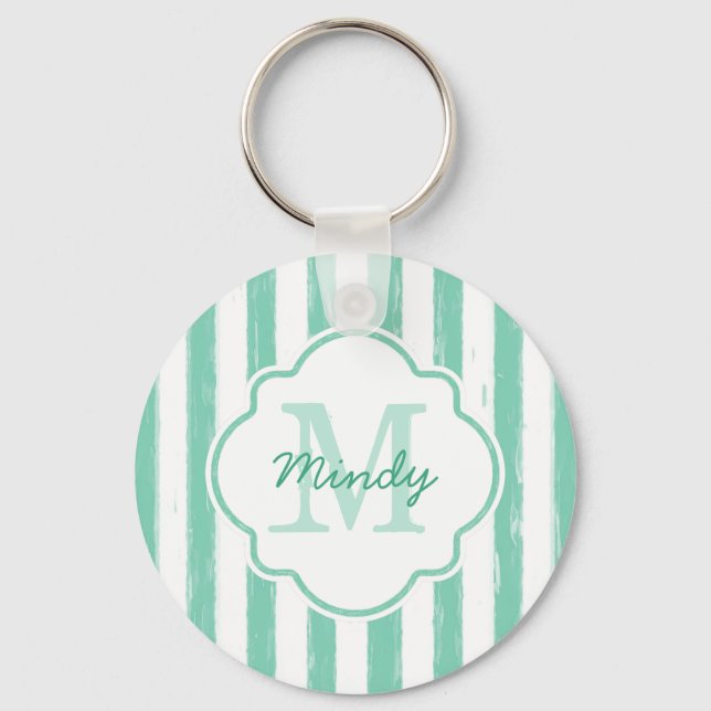 Cute Mint Green Painted Stripes Monogram and Name Keychain (Front)