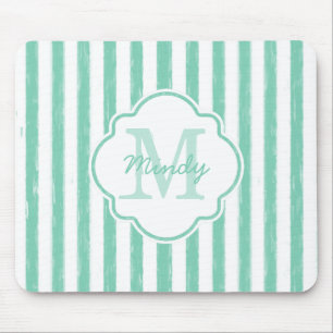 Cute Mint Green Painted Stripes Monogram and Name Mouse Pad