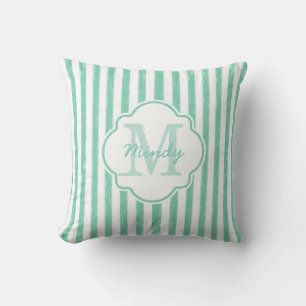 Cute Mint Green Painted Stripes Monogram and Name Throw Pillow