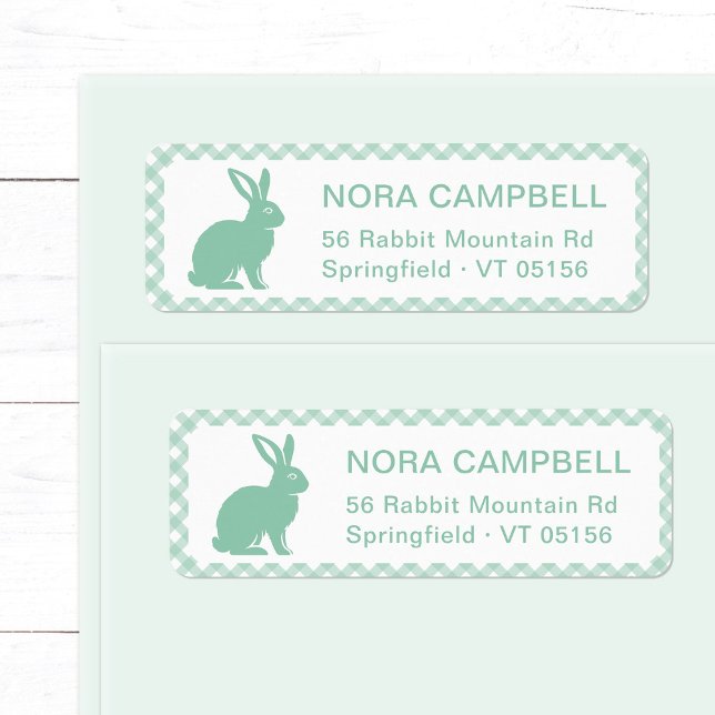Cute Mint Green Rabbit Gingham Return Address (Modern, cute mint green bunny return address label with classic gingham checks background.)
