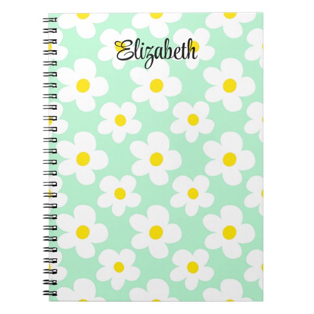 Cute mint green retro daisies girly journalling notebook (Front)