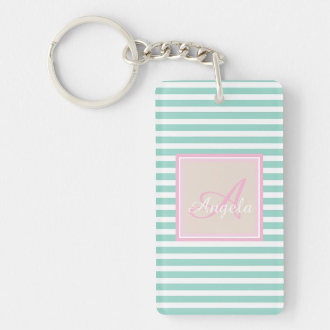 Cute Mint Green Stripes,Monogram-Personalized Keychain (Front)