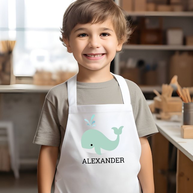 Cute Mint Green Whale Personalized Kids Apron (Creator Uploaded)