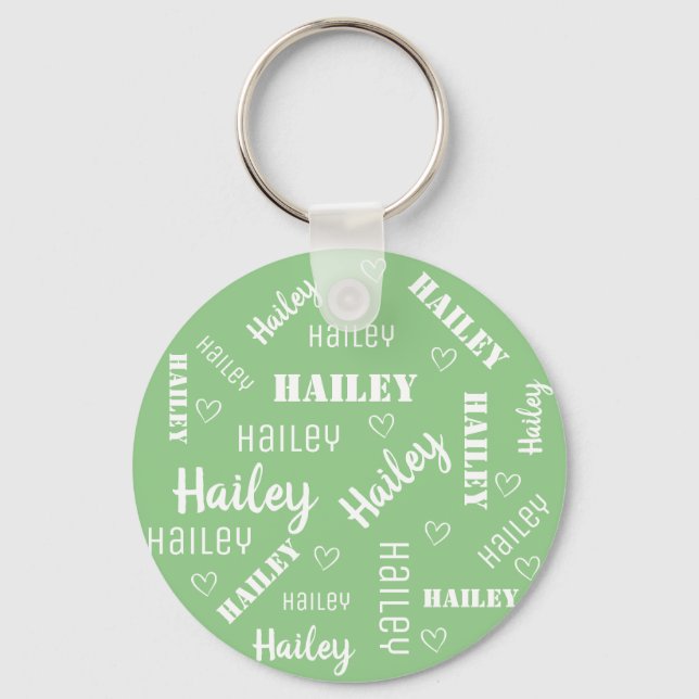 Cute Mint Green Word Art Cloud Hearts Name Custom Keychain (Front)