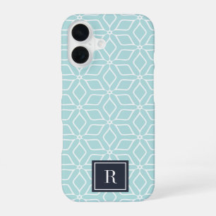 Cute Mint & Navy Geometric Pattern Monogram iPhone 16 Case