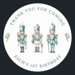 Cute Mint Nutcracker 1st Birthday Thank You  Classic Round Sticker<br><div class="desc">Cute Watercolor Mint Nutcracker Thank You Stickers. Design features 3 cute little nutcrackers and a thank you template that is easy to customize.</div>