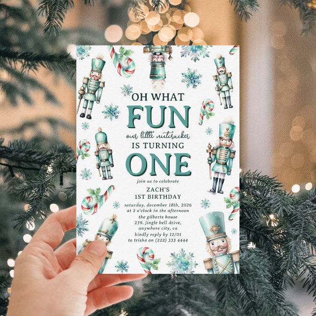 Cute Mint Nutcracker Oh What Fun 1st Birthday Invitation (Creator Uploaded)