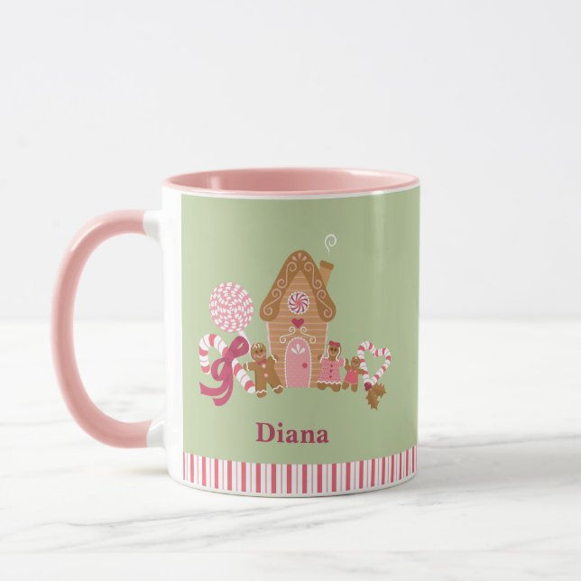 Cute Mint Pink Candy Cane Gingerbread House Mug (Left)