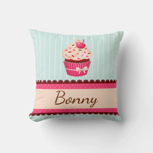 Cute Mint Pink Cupcake With Sprinkles Custom Name Throw Pillow