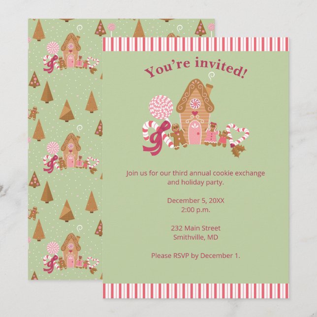Cute Mint Pink Gingerbread Candy Cane Invitation (Front/Back)