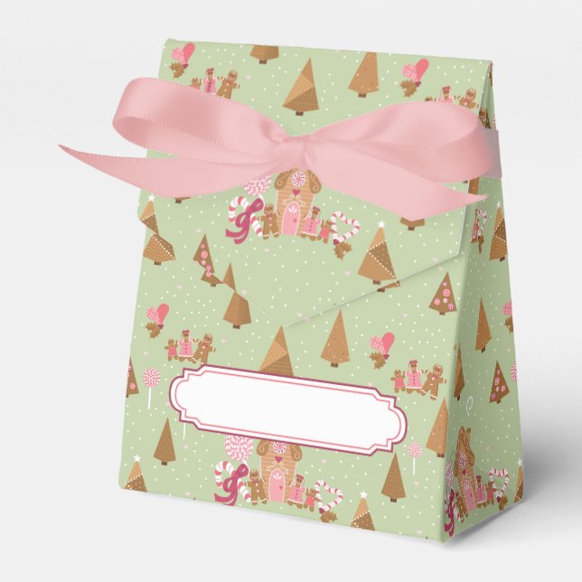 Cute Mint Pink Gingerbread Candy Cane Tent Favor Box (Front Side)
