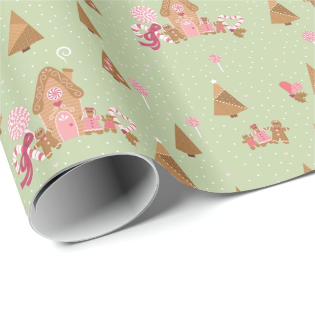 Cute Mint Pink Gingerbread Candy Cane Wrapping Paper (Roll Corner)