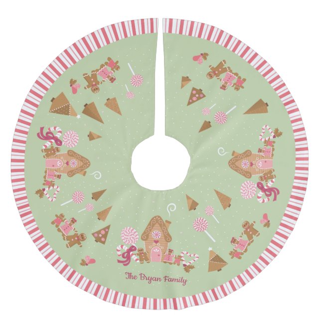 Cute Mint Pink Gingerbread House Candy Cane Brushe Brushed Polyester Tree Skirt (Front)