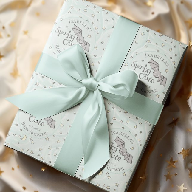 Cute Mint Spooky Cute October Baby Shower Wrapping Paper (Spooky Cute Fall Baby Shower Custom Wrapping Paper. Hand-Drawn Baby Bat, Moons & Stars in Soft Mint)