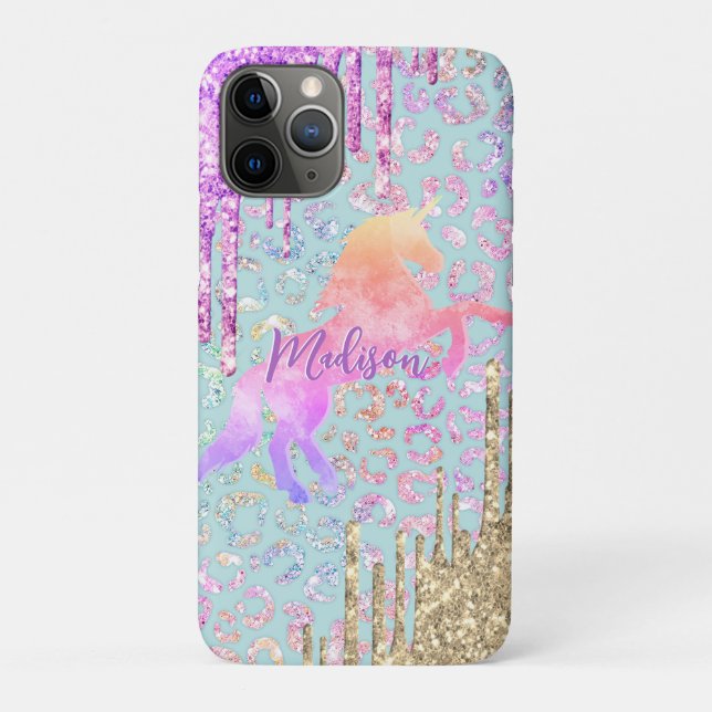 Cute Mint Unicorn Animal print glitter monogram Case-Mate iPhone Case (Back)