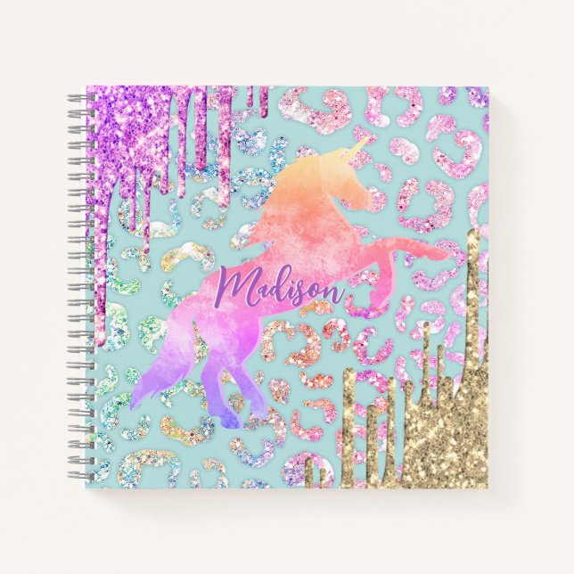 Cute Mint Unicorn Animal print glitter monogram Notebook (Front)