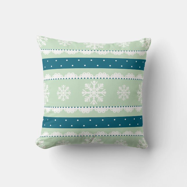 Cute Mint White Teal Christmas Snowflakes Pattern Throw Pillow (Front)