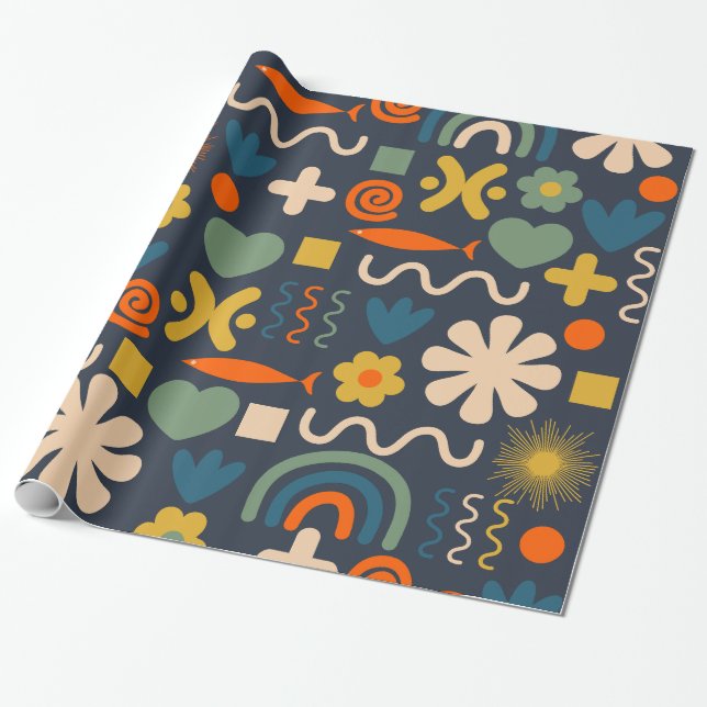 Cute Miscellany Scandinavian Pattern Blue Orange Wrapping Paper (Unrolled)