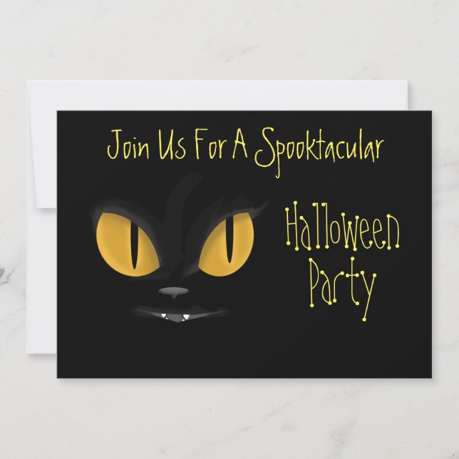 Cute Mischievous Black Cat with Fangs Halloween Invitation (Front)