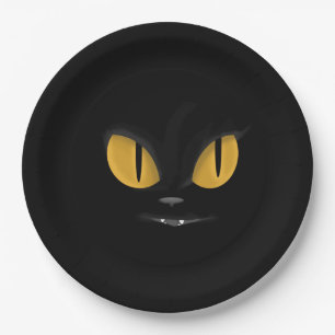 Cute Mischievous Black Cat with Fangs Paper Plate